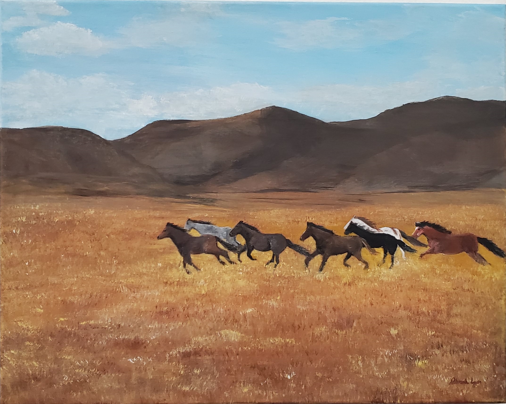 Acrylic painting of a wild horse herd running across a western prairie