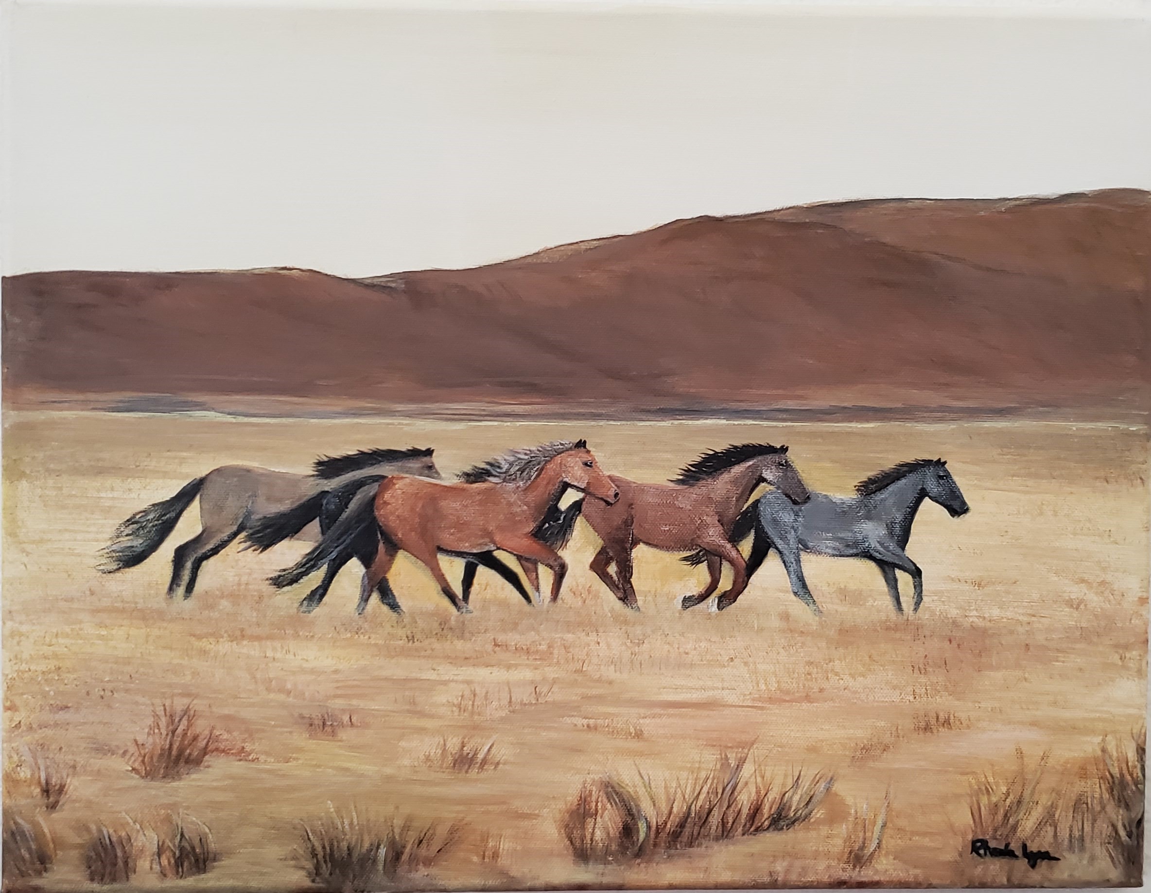 Acrylic painting of a wild horse herd running across a Southwest desert plain