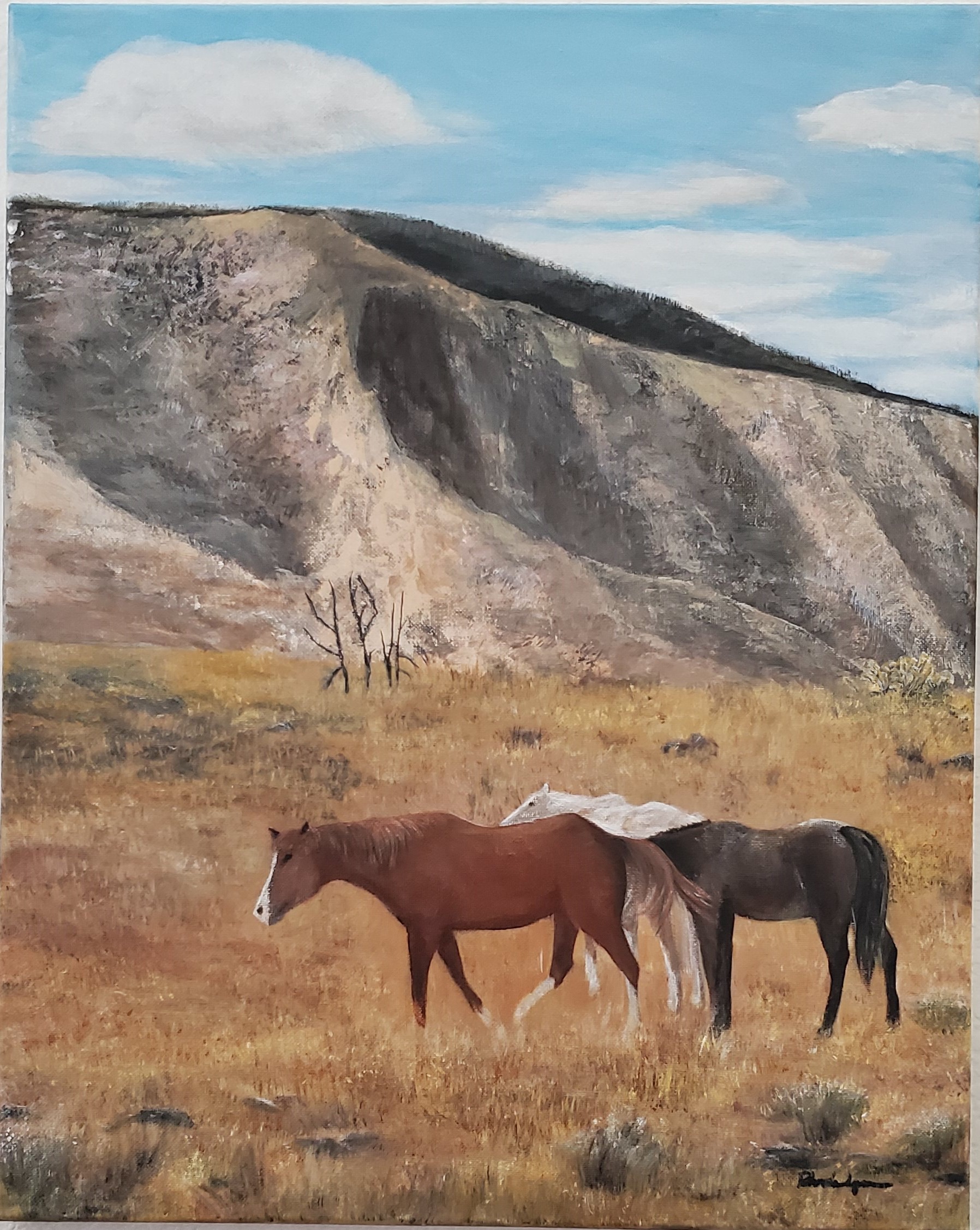 Acrylic painting of two wild horses in a Southwest desert landscape